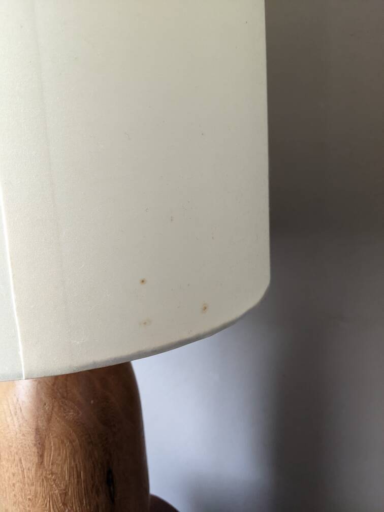 Vintage lamp with turned wooden base and silk lampshade, handcrafted floral decoration