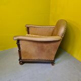Old Leather Armchair With Oak Frame, 1950s.