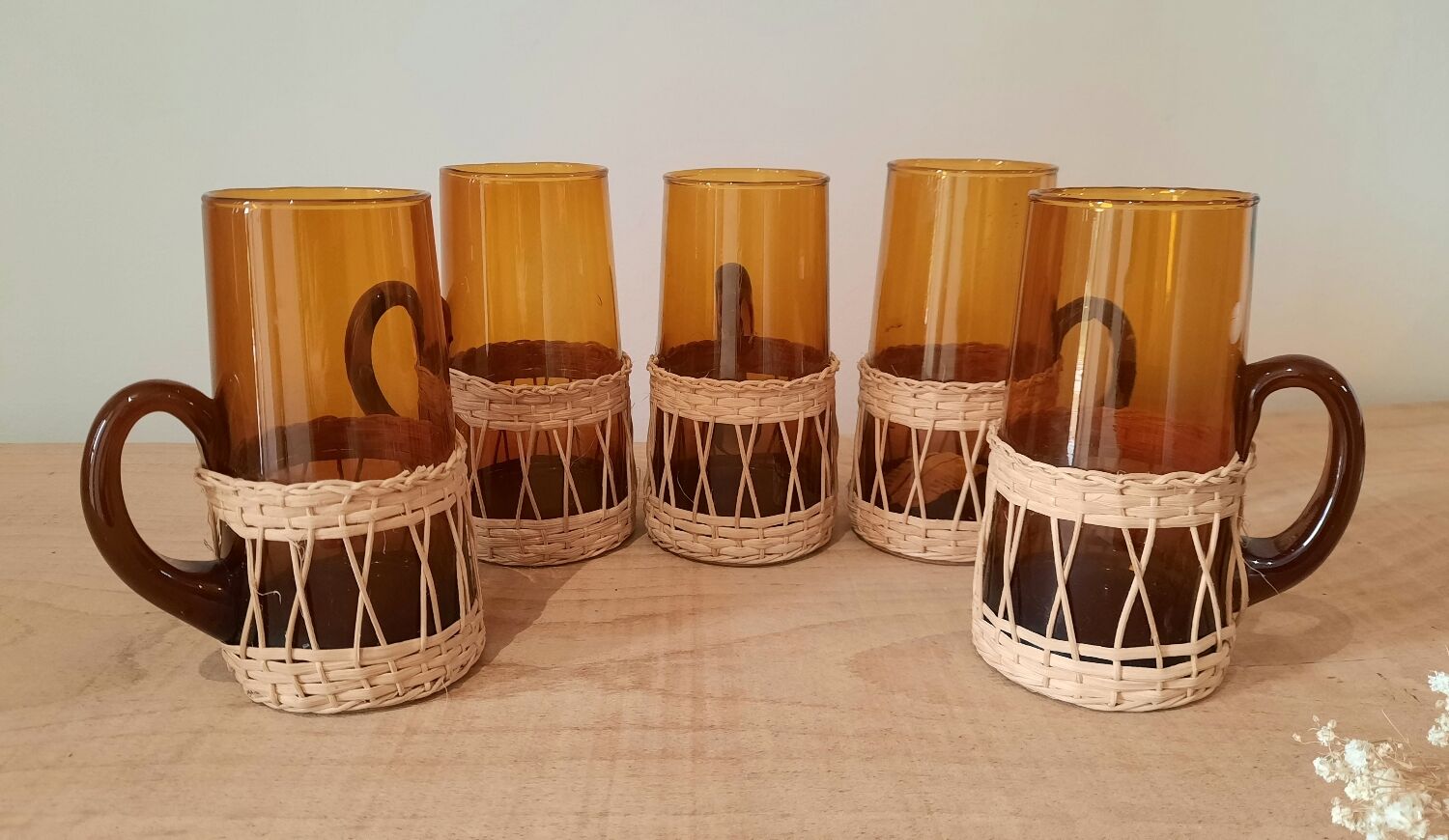 Vintage amber wicker glasses