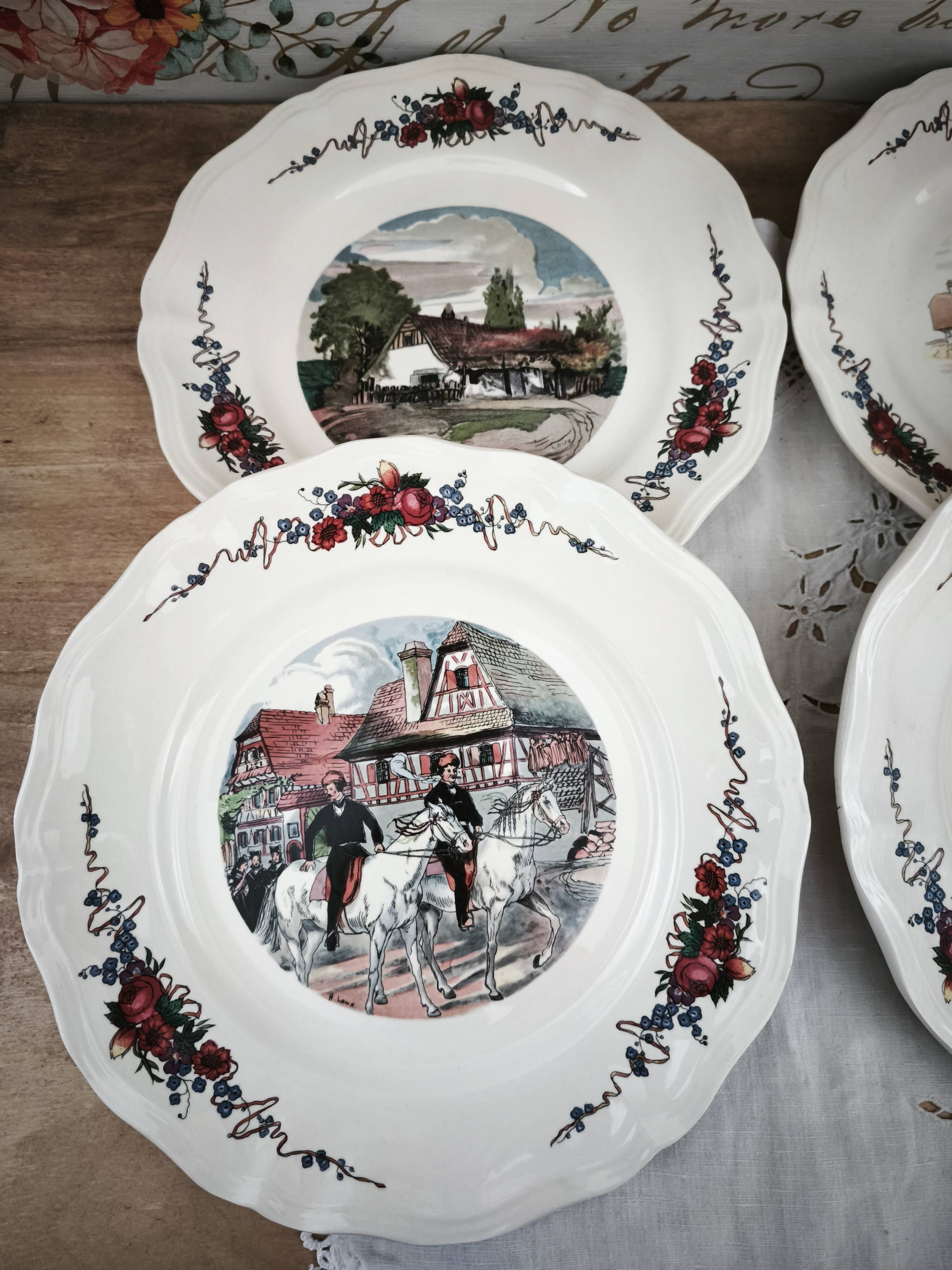 Set of 6 flat plates Sarreguemines model Obernai