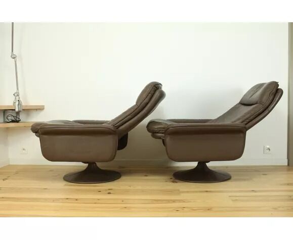Paire de fauteuils et ottoman DS50 cuir De Sede pied tulipe gainé, rotatifs