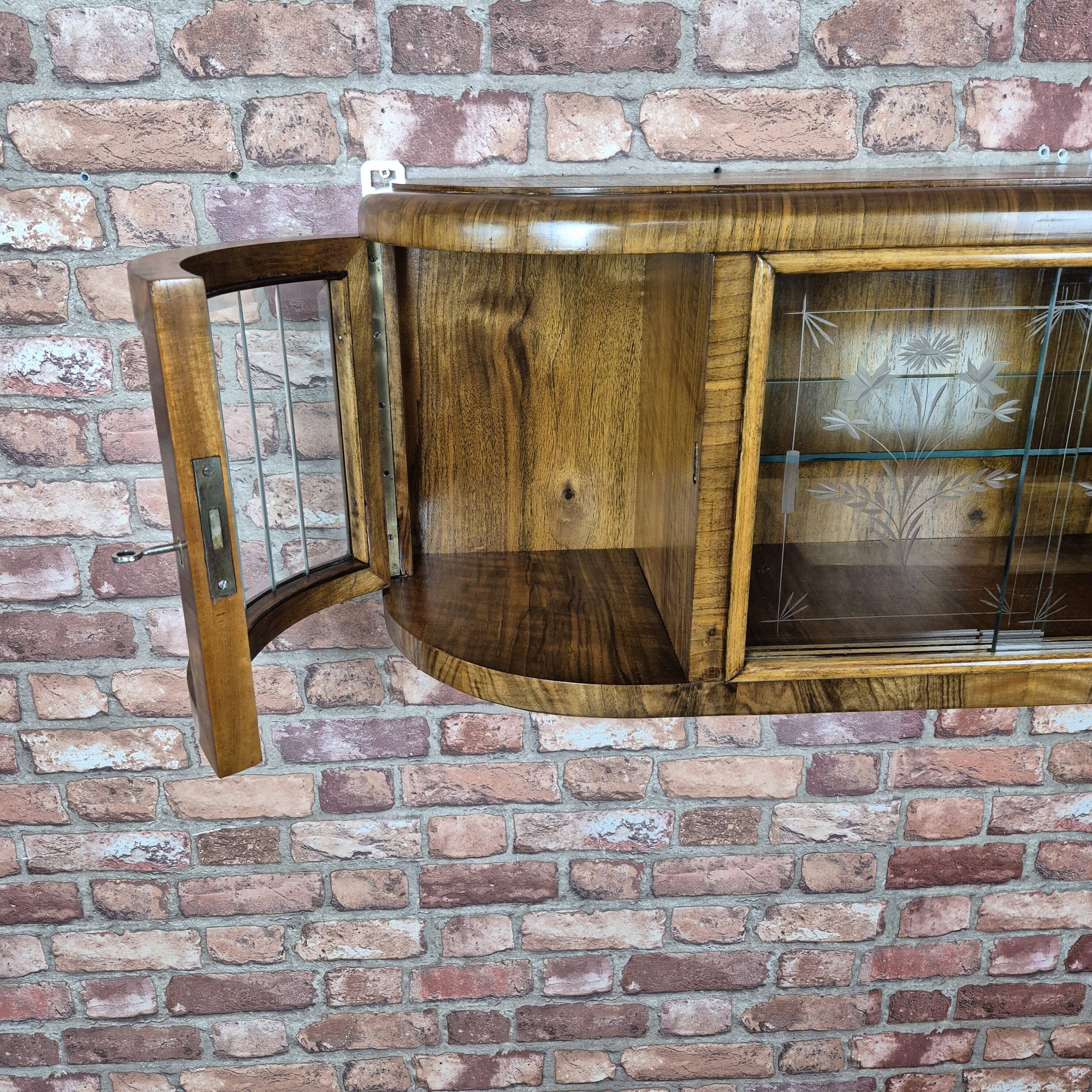 Upcycled Art Deco Walnut Wall Cabinet with Engraved and Slatted Glass - 193