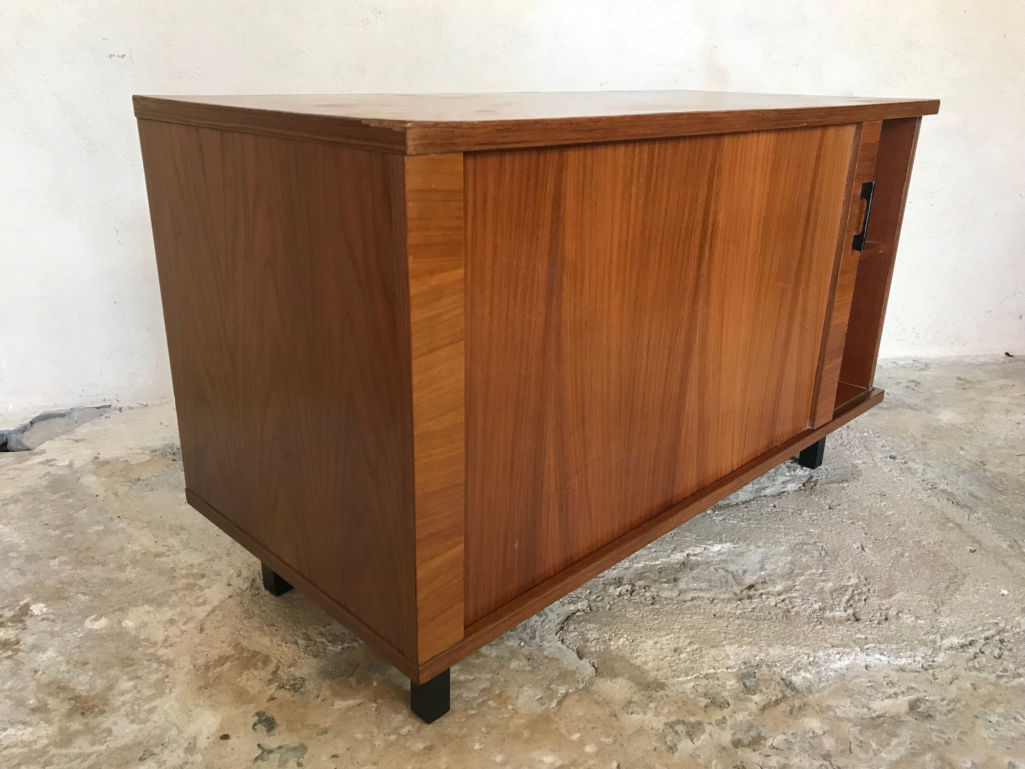 Vintage storage cabinet box on feet with sliding curtain