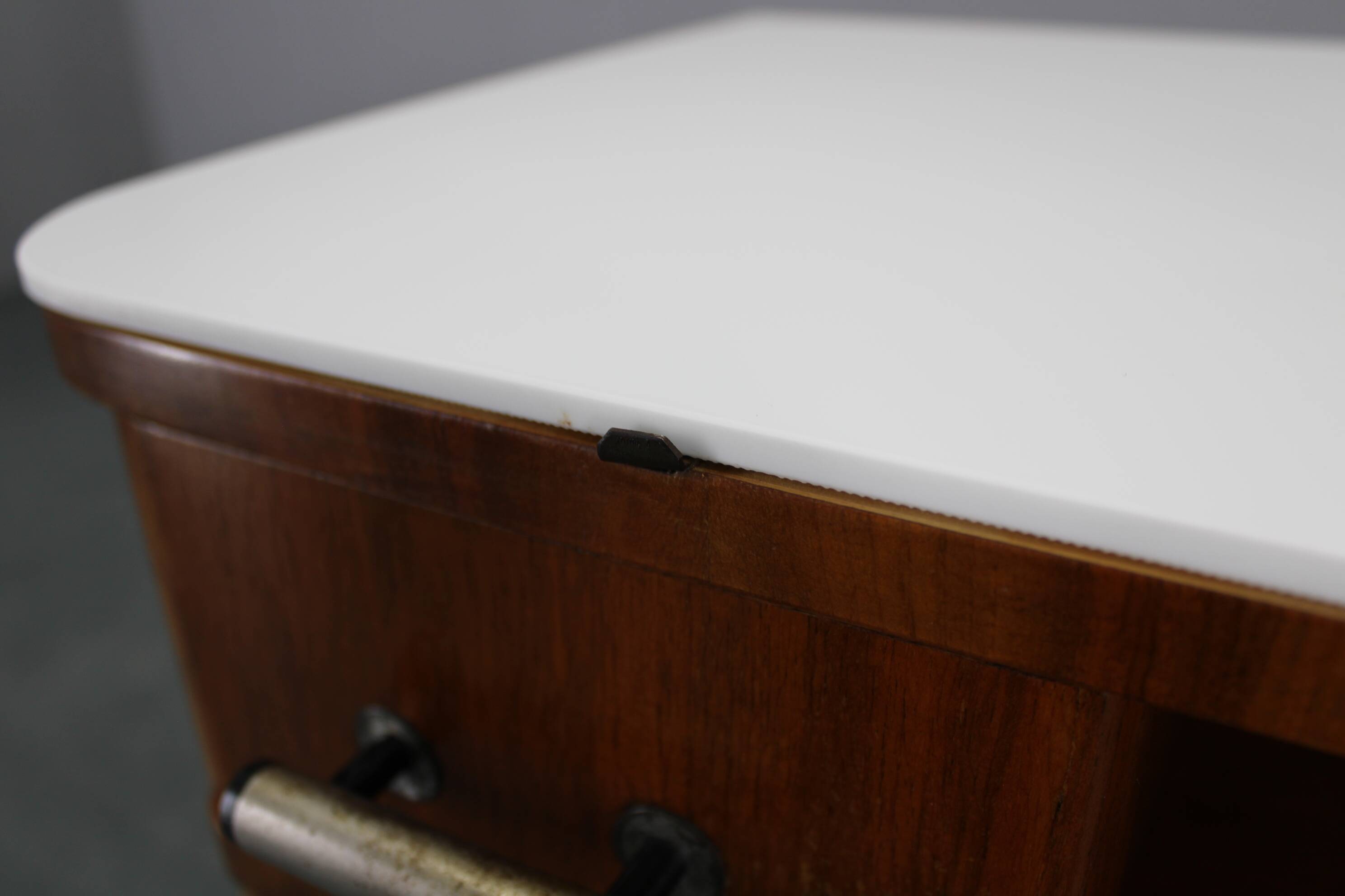 1940s night stand in walnut finish with glass top, Czechoslovakia