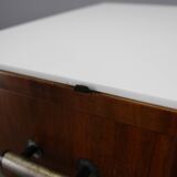 1940s night stand in walnut finish with glass top, Czechoslovakia