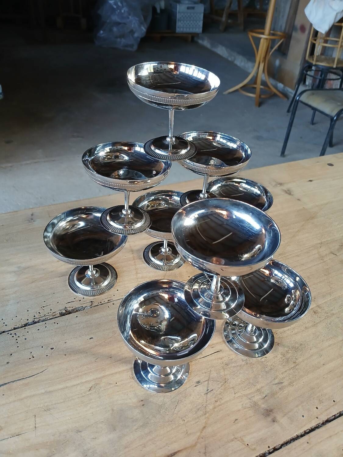 9 antique stainless steel ice cream cups