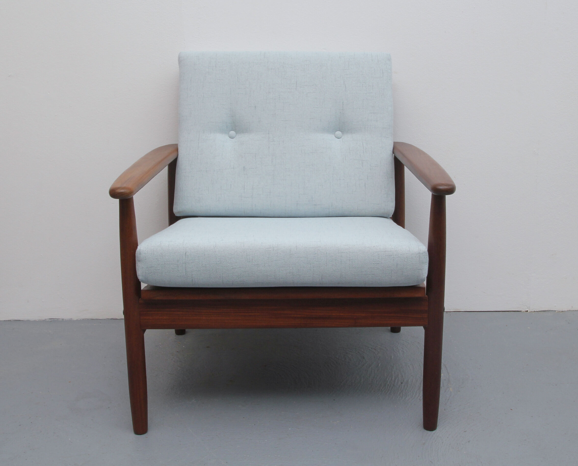 1960s teak armchair new cushions in grey-blue