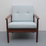 1960s teak armchair new cushions in grey-blue
