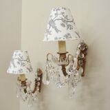 Paire d'appliques pampilles avec abat-jours en toile de Jouy