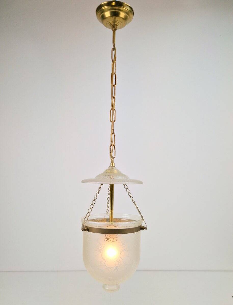 Vintage Brass and Mounted Glass Hundi Lantern Bell Lamp, 1950s