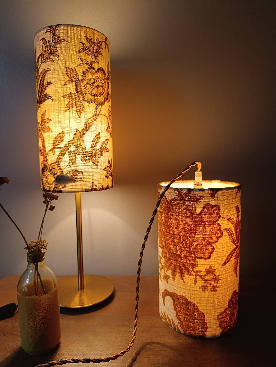 Suspension, nomadic fabric lampshade in vintage yellow floral.