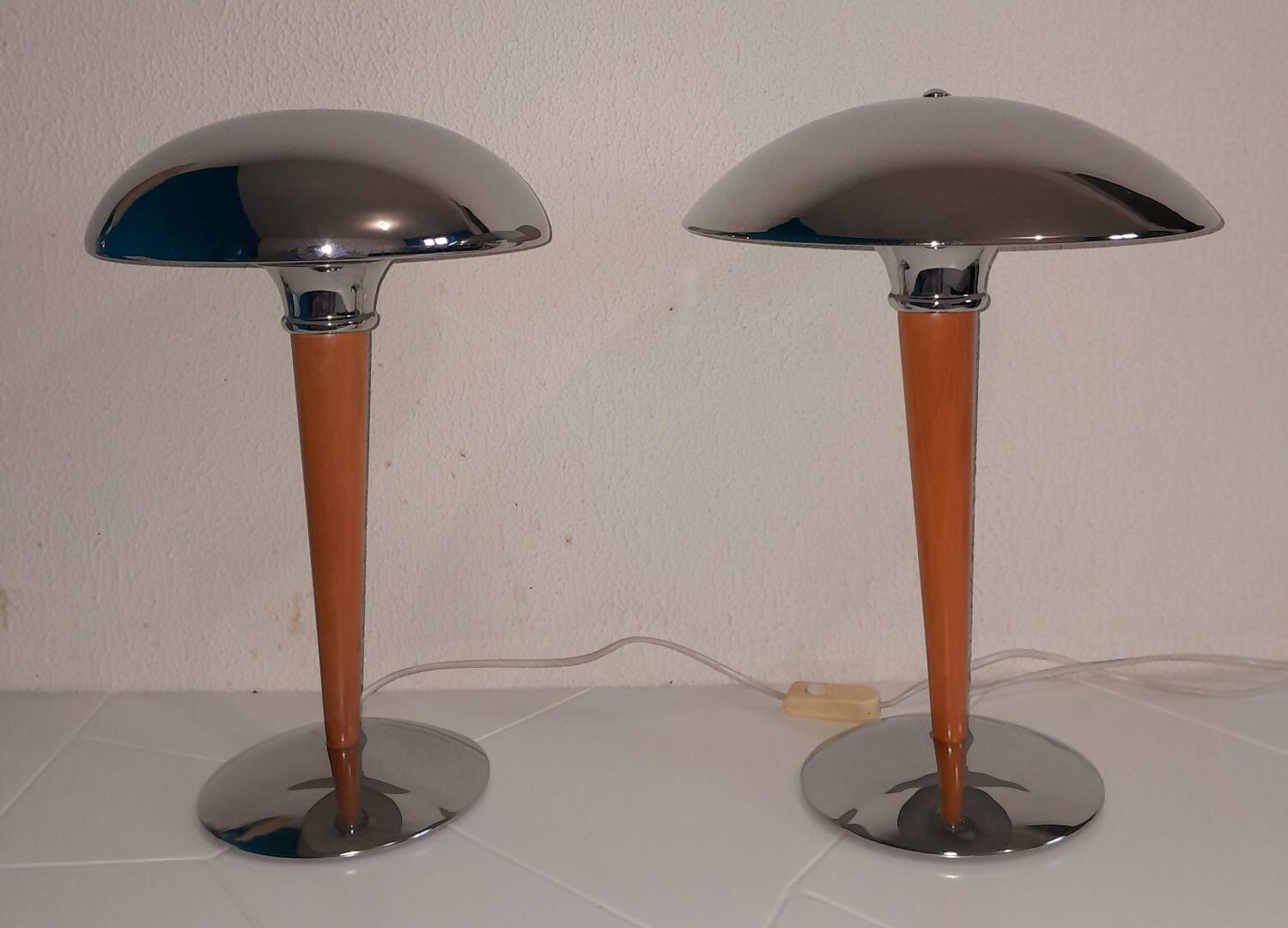 Pair of vintage 1980s wood and chrome ocean liner lamps
