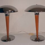 Pair of vintage 1980s wood and chrome ocean liner lamps