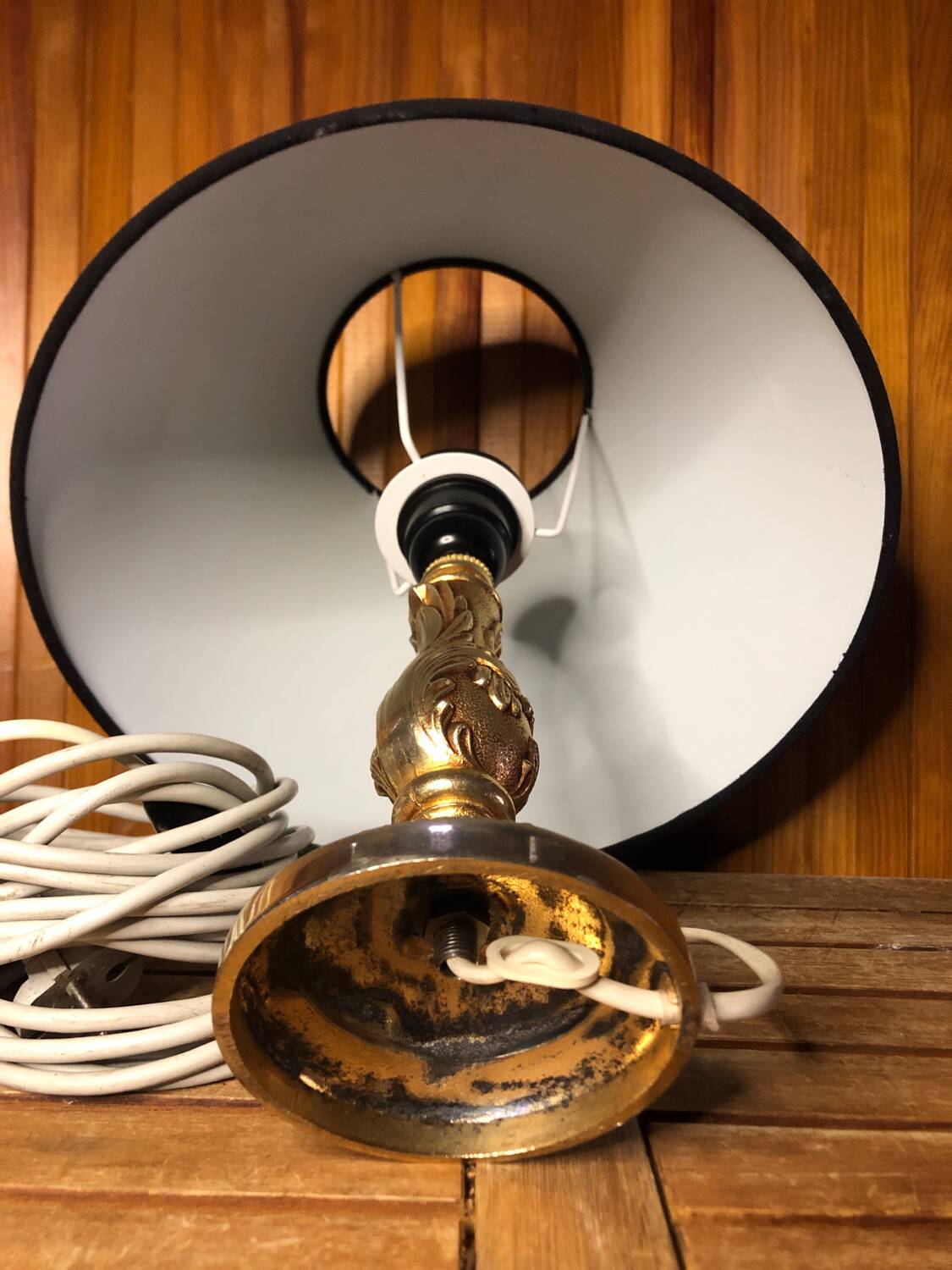 Old gilt bronze lamp + vintage black lampshade
