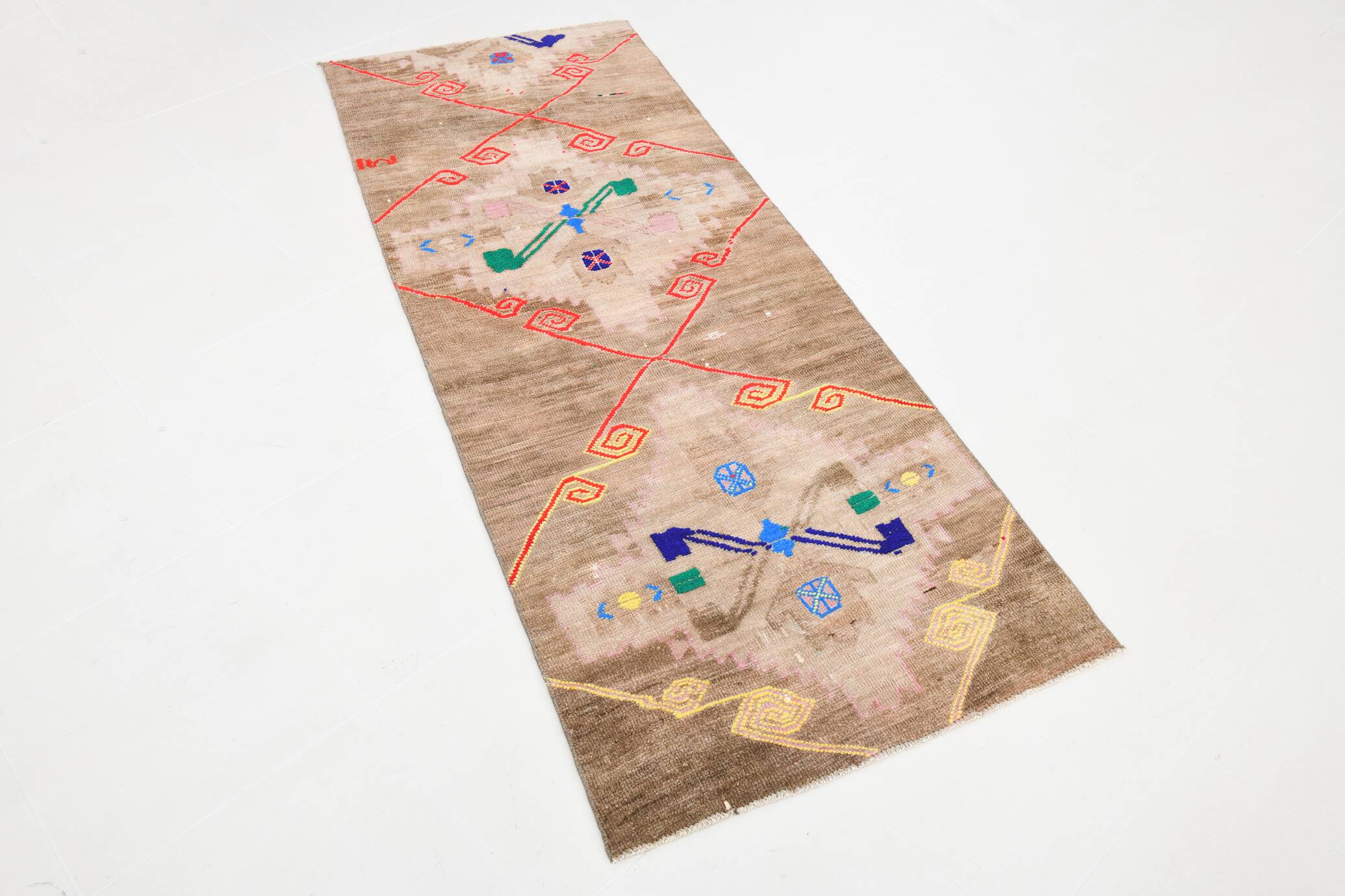 Tapis Couloir Vintage Turc, Marron, Rouge & Bleu Motifs Tribaux Géométrique