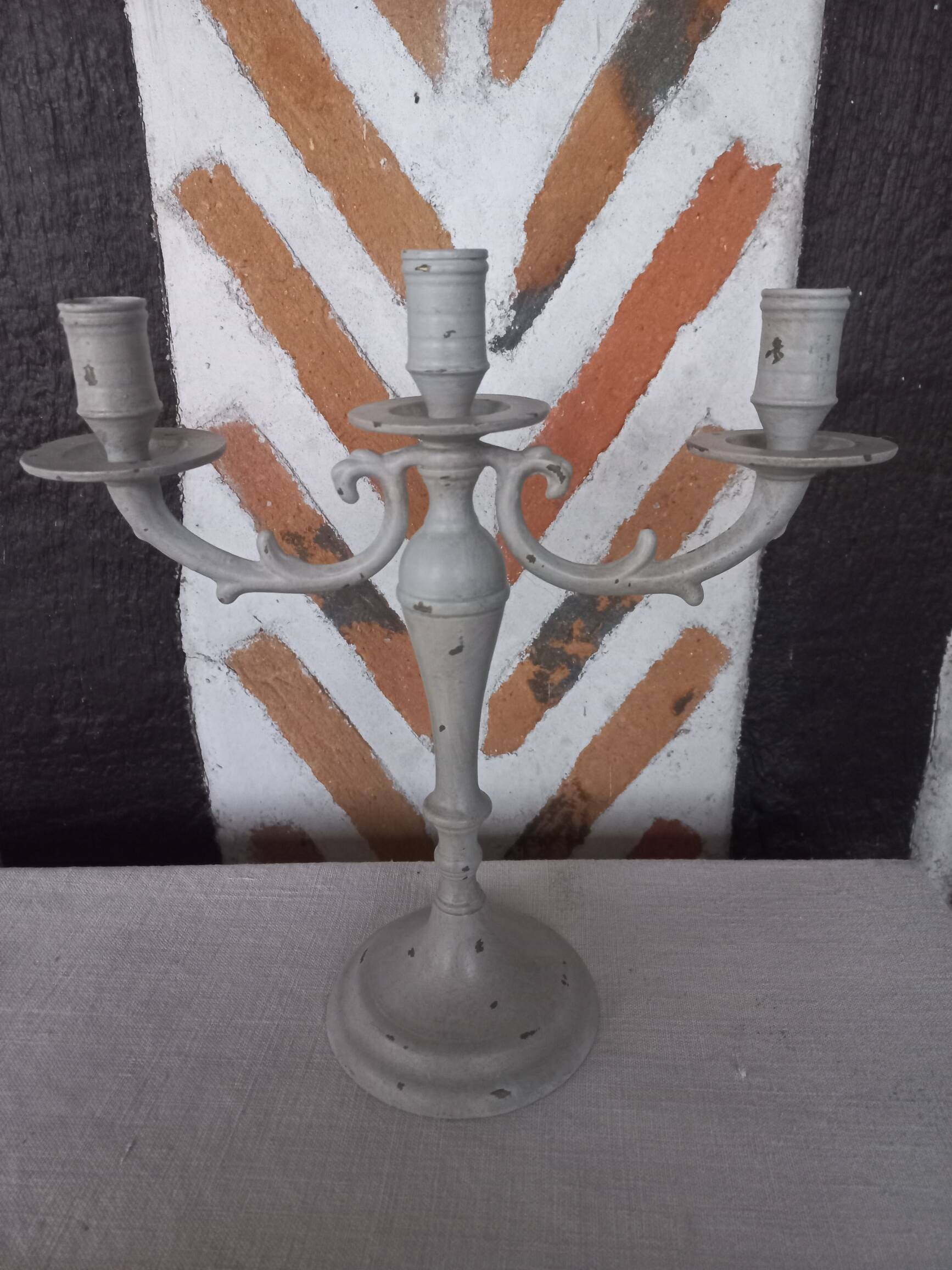 Taupe linen patinated candle holder