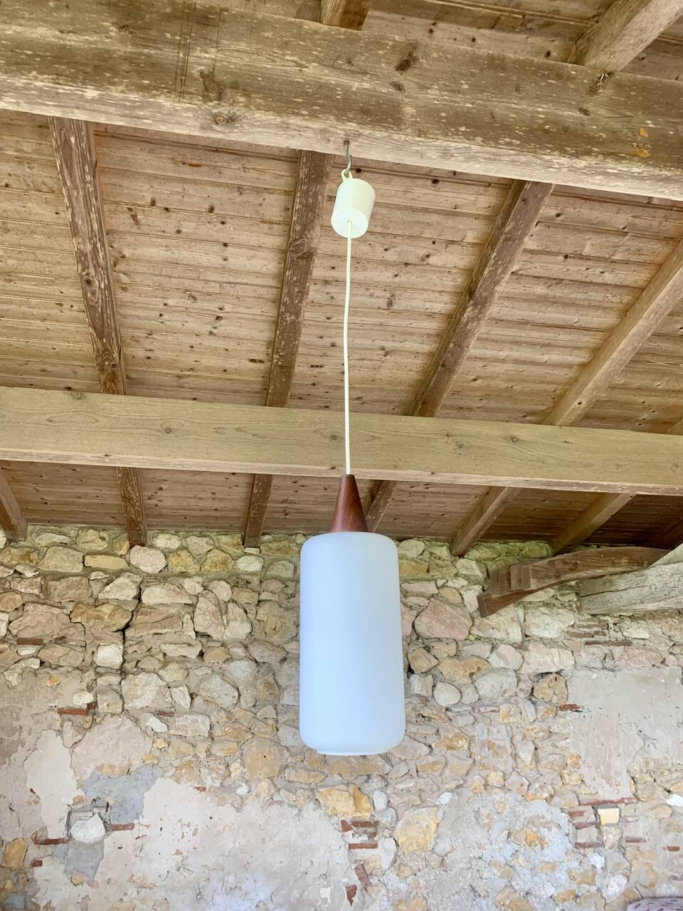 Scandinavian Pendant Lamp in Teak and Opaline, Circa 60´s