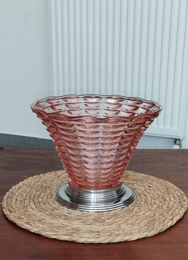 Art Deco cornucopia vase, centrepiece, bowl - blown glass & chrome 1930