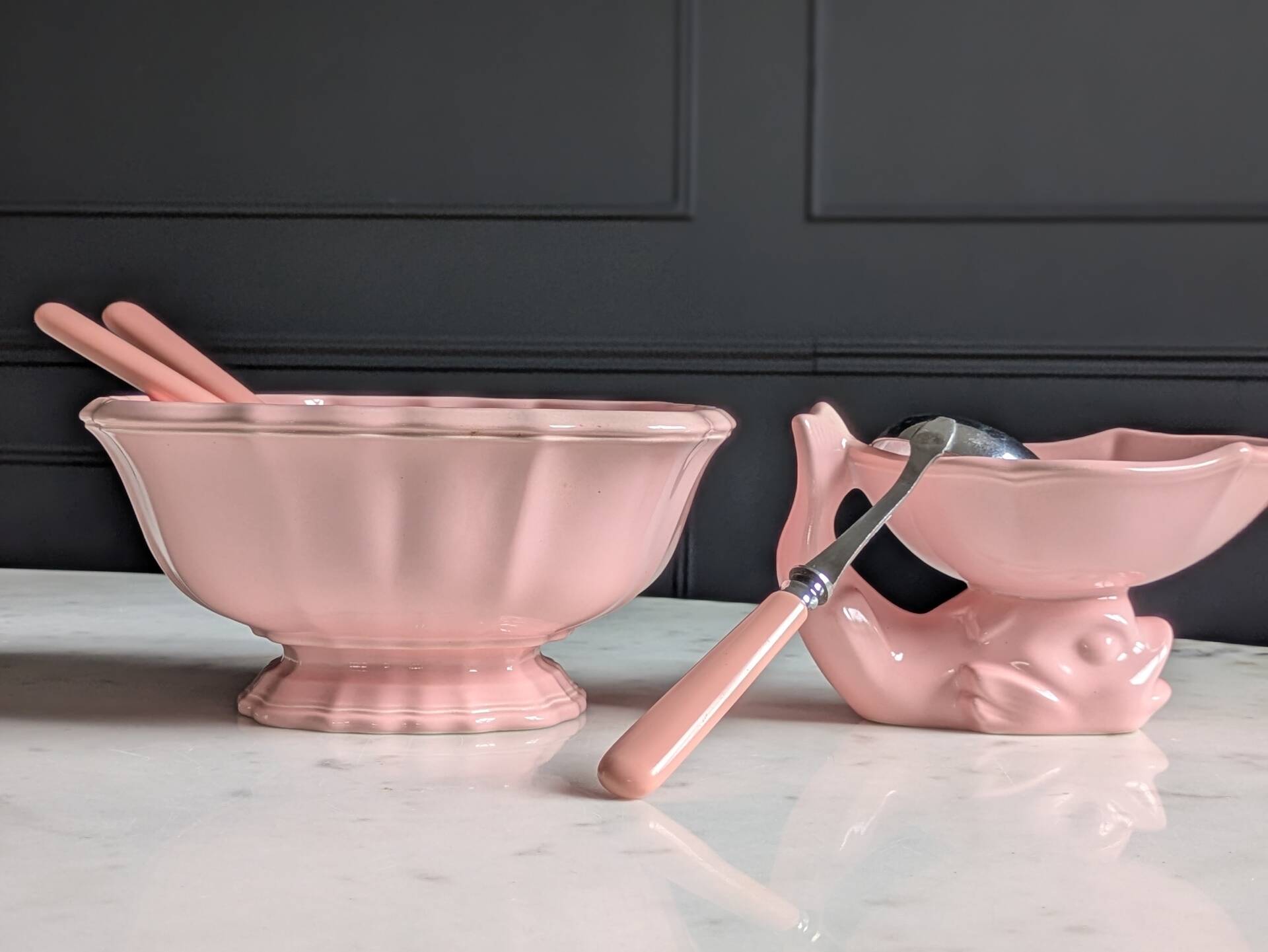 Vintage powder pink earthenware duo. Salins les Bains. 1950s.
