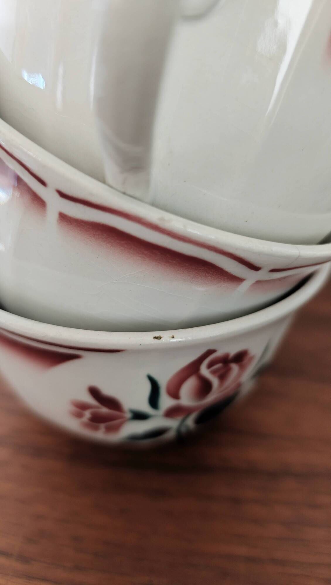 Trio of large antique chocolate cups (Fénal Badonviller – “Red Rose” decoration)