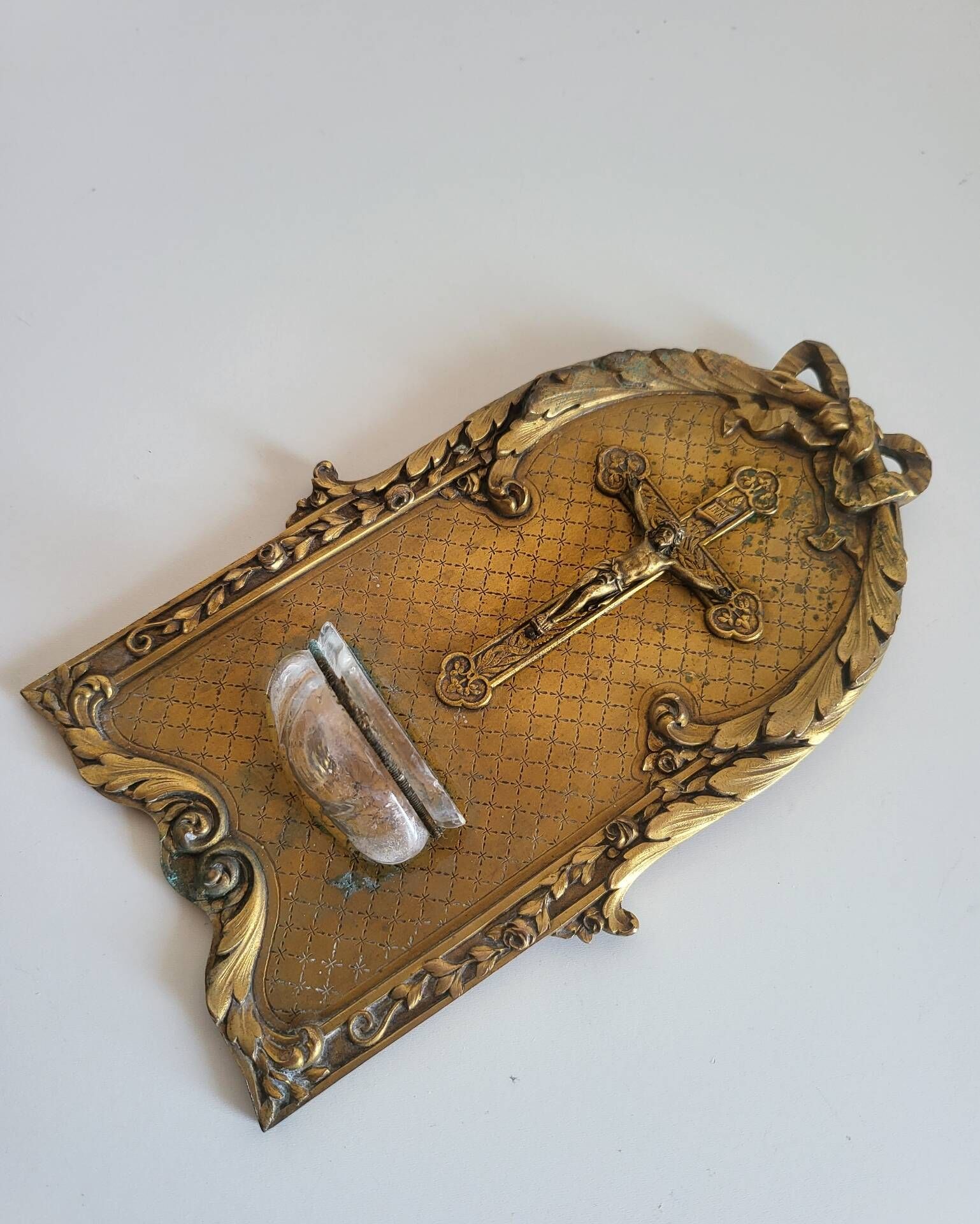 Antique Wall-mounted Bronze Font in Louis XVI Style Crucifix Cross