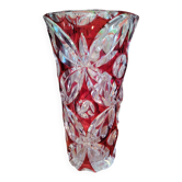 Large ruby red cut crystal vase, handmade, 1960.