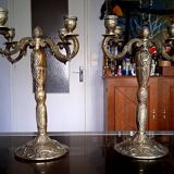 Paire de grands chandeliers 4 branches en bronze doré