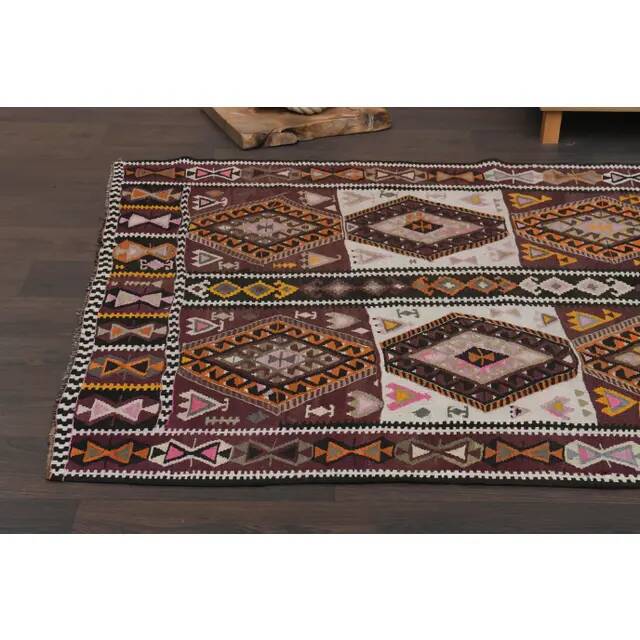 1970s Vintage Turkish Oushak Handmade Wool Cotton Brown Runner Rug 135x300