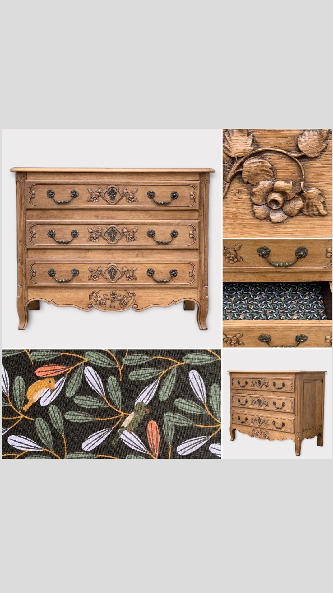 Louis XV style chest of drawers, solid raw oak, 1920.