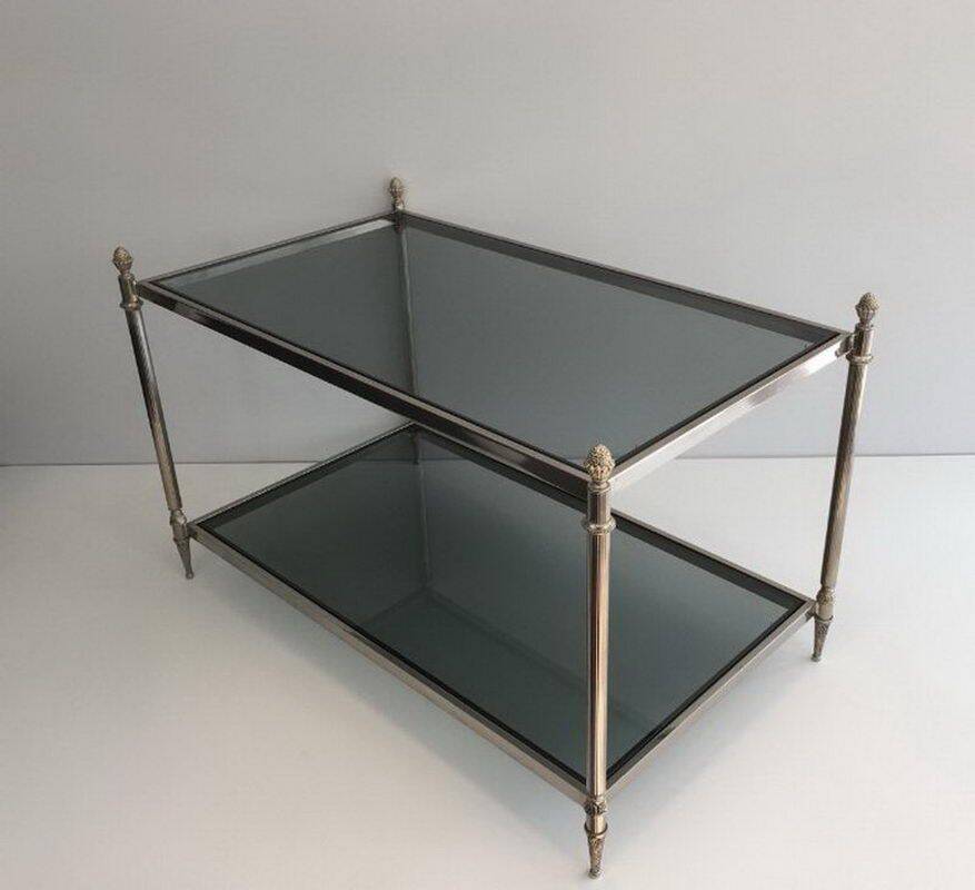 Neoclassical silver coffee table with bluish glass tops