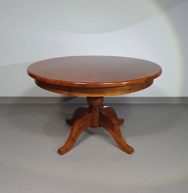 Table à manger en bois de pin des années 70 / table à pieds en colonne en bois au design à 4 pieds avec plateau rond