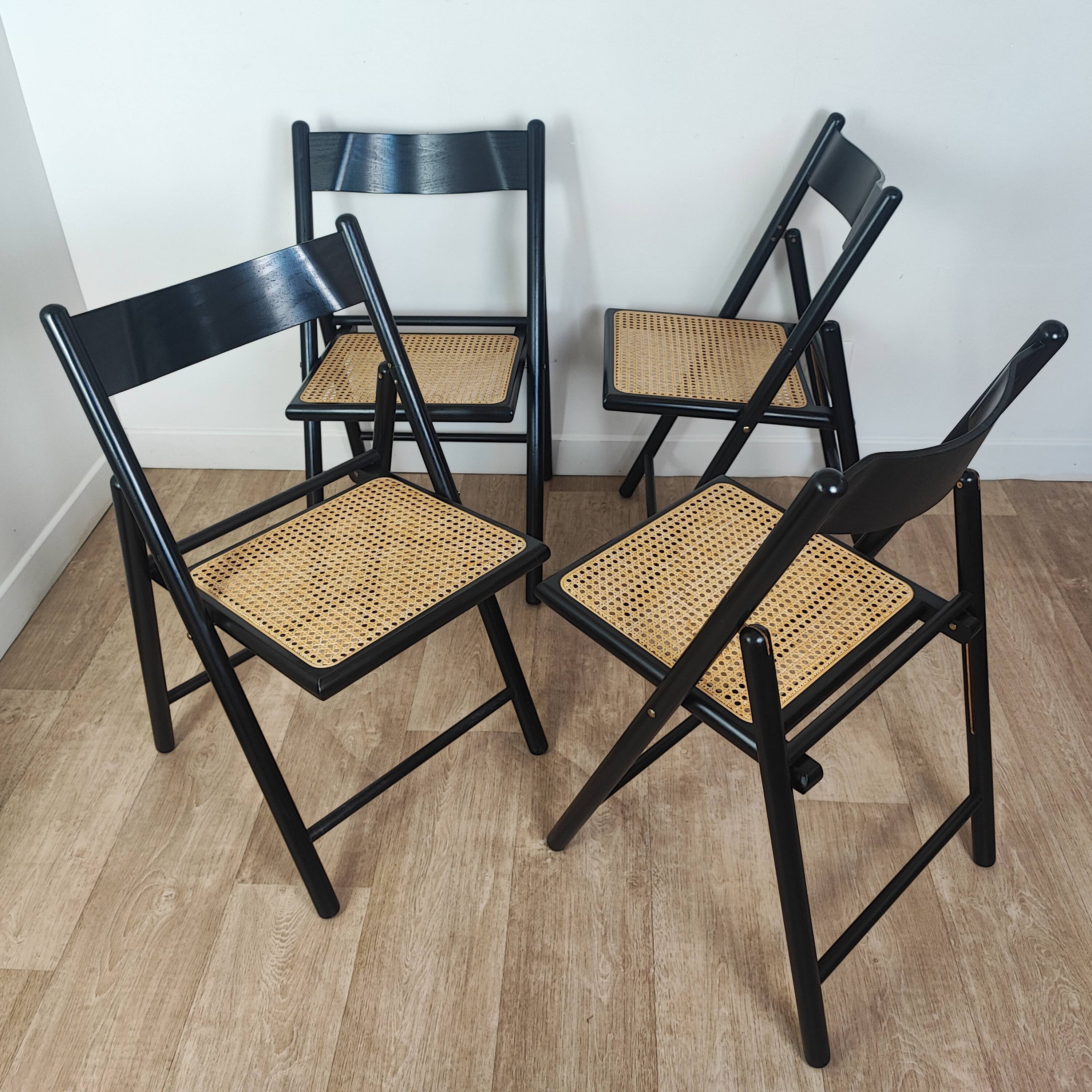 4 chaises pliantes bois et rotin