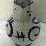 Wine or water jug, grey stoneware, blue decor