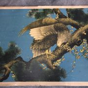 Ancienne estampe d’asie à décor polychrome d’aigle sur une branche xixème