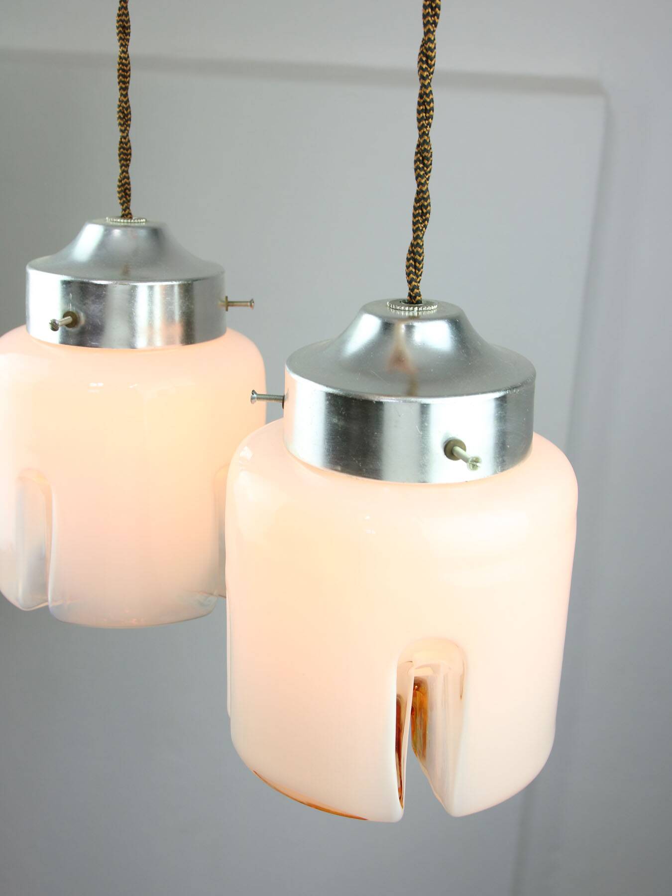 Mid-Century Italian Chrome and Glass Pendant Lamps, Set of 2