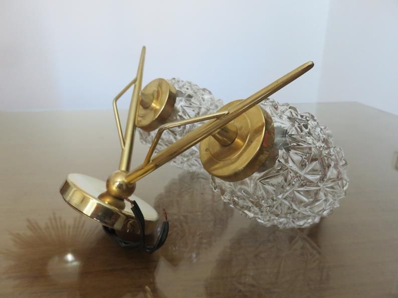 Pair of double appliques "Pierre Disderot" in brass and glass 50 60 years