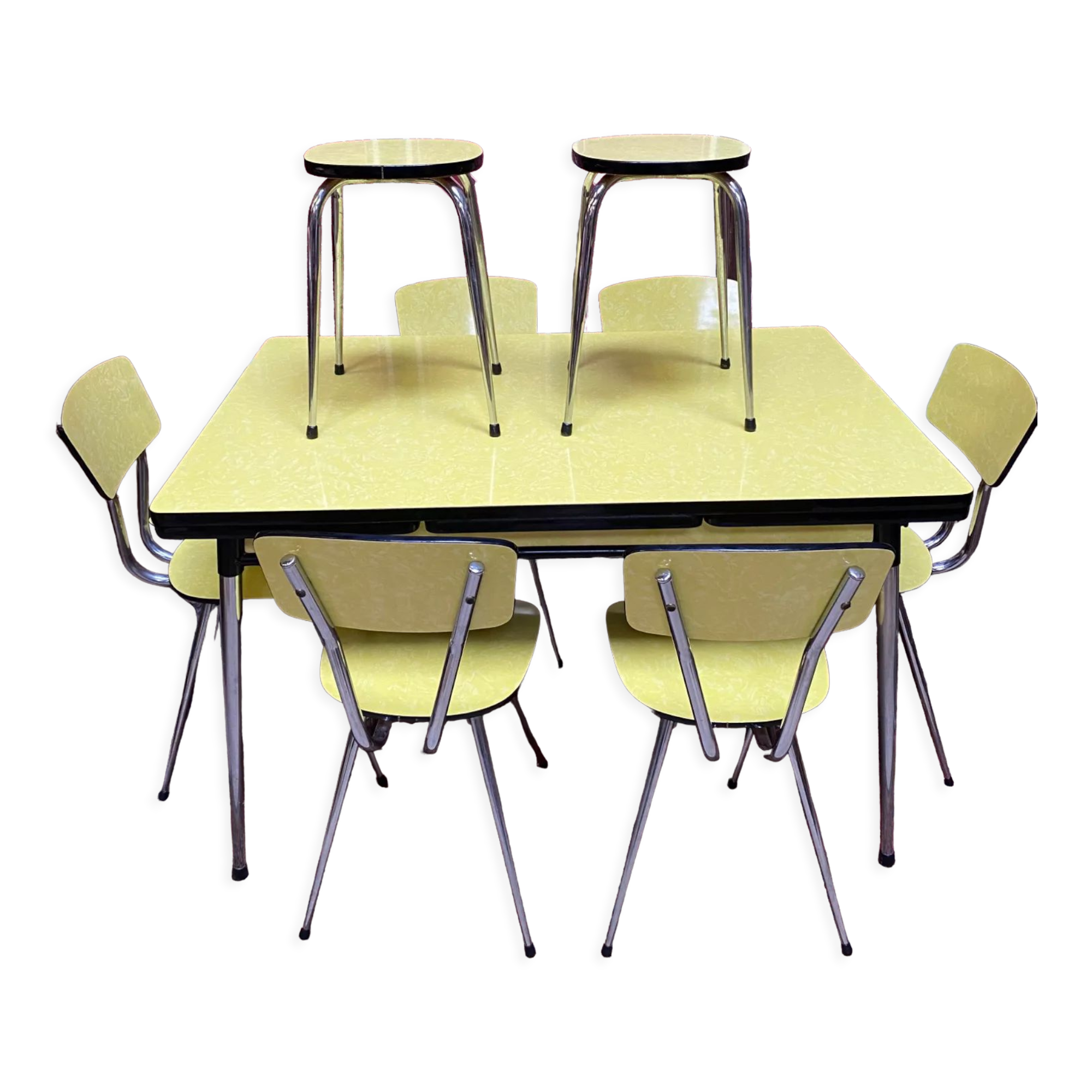 Roger Breton yellow formica set for Tublac, table, 6 chairs, 2 stools, 60s