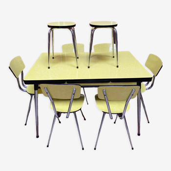 Roger Breton yellow formica set for Tublac, table, 6 chairs, 2 stools, 60s
