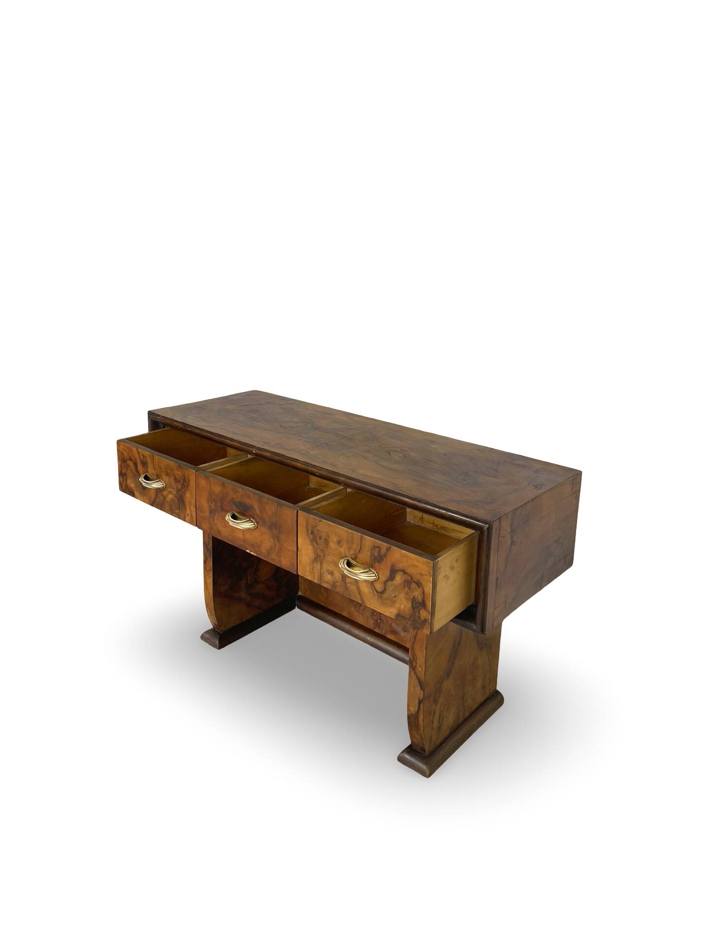 Italian burl walnut art deco console table, 1930s.