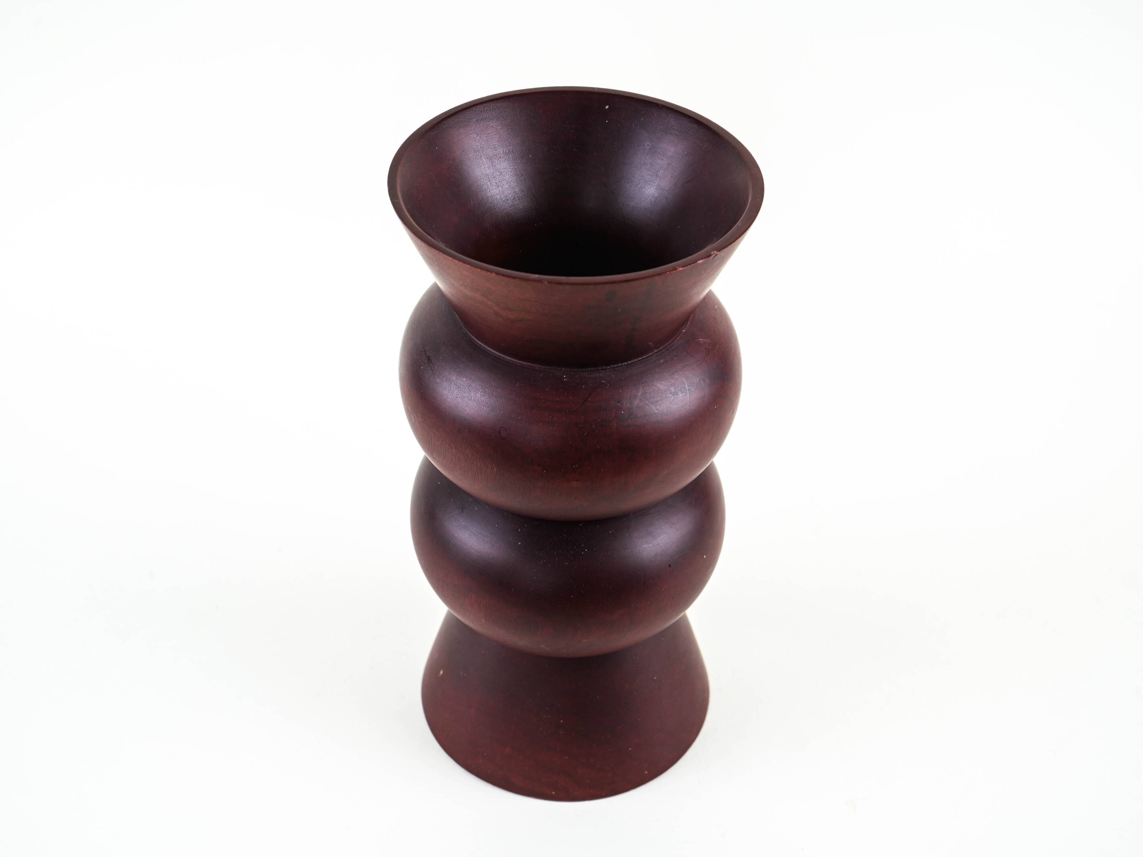 Turned wooden vase in segmented technique, burgundy, Danish, 1970s