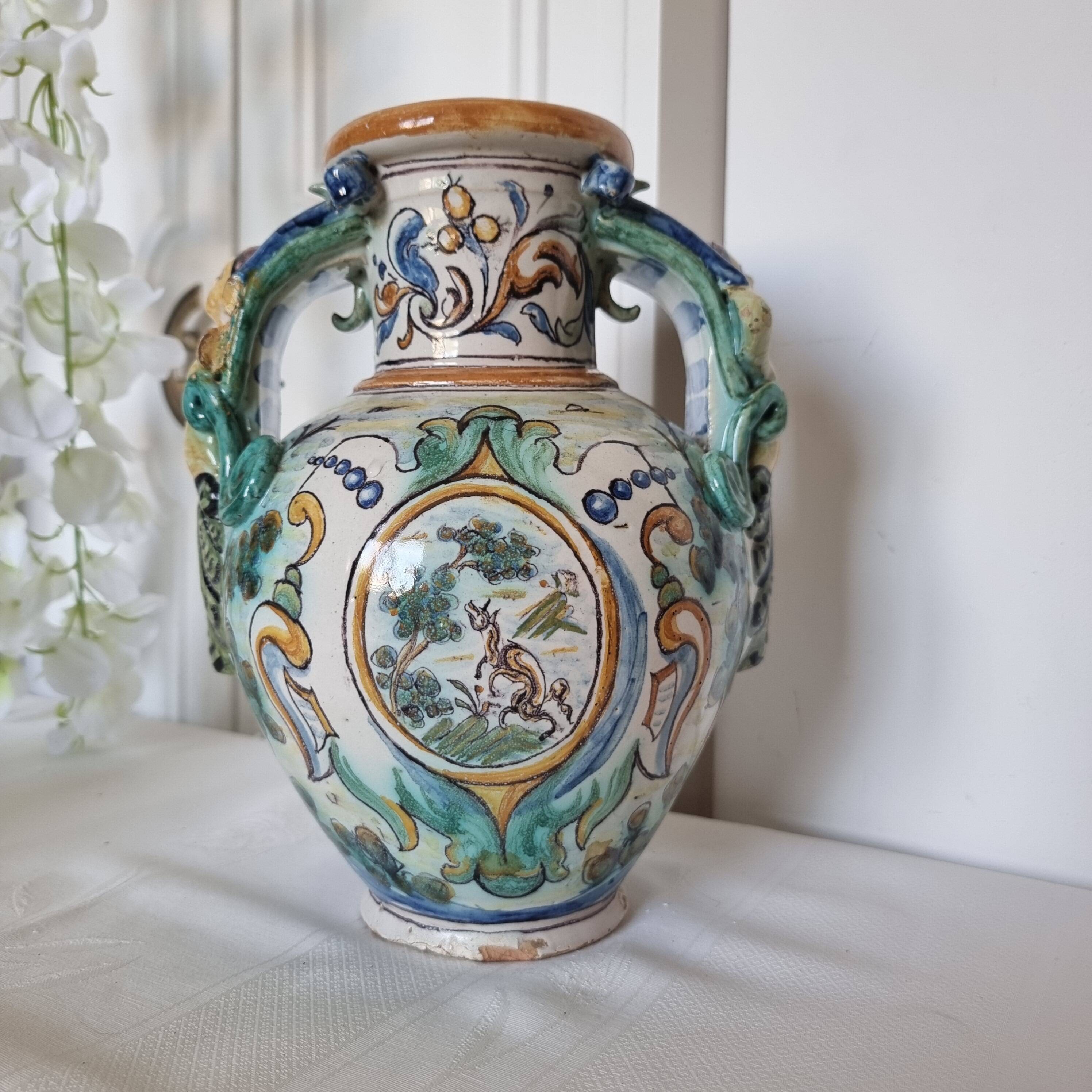 Ancient Spanish pottery amphora, Talavera Niveiro pottery 19th century