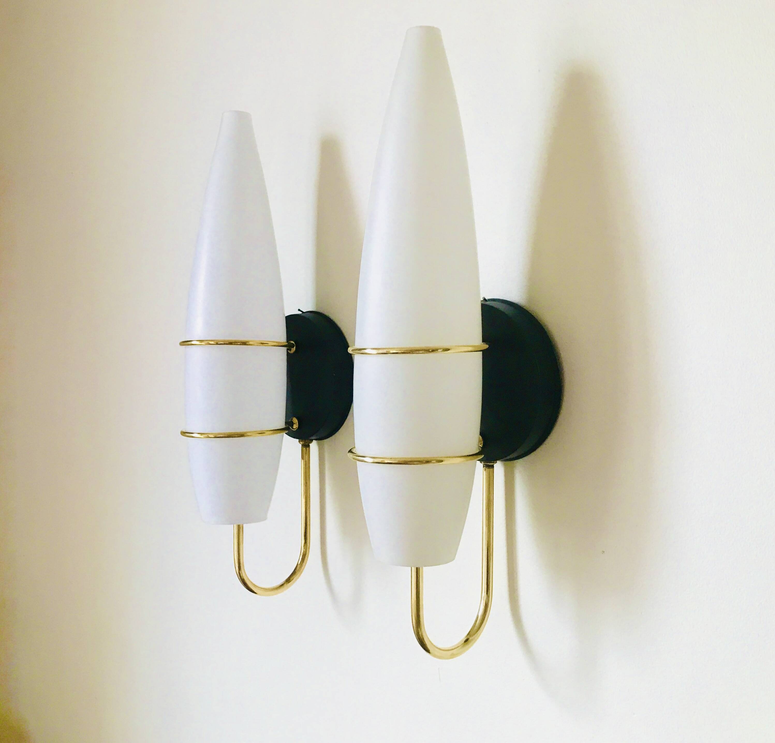 Pair of modernist wall lights in opaline brass white flame 1960 vintage minimalist