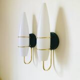 Pair of modernist wall lights in opaline brass white flame 1960 vintage minimalist