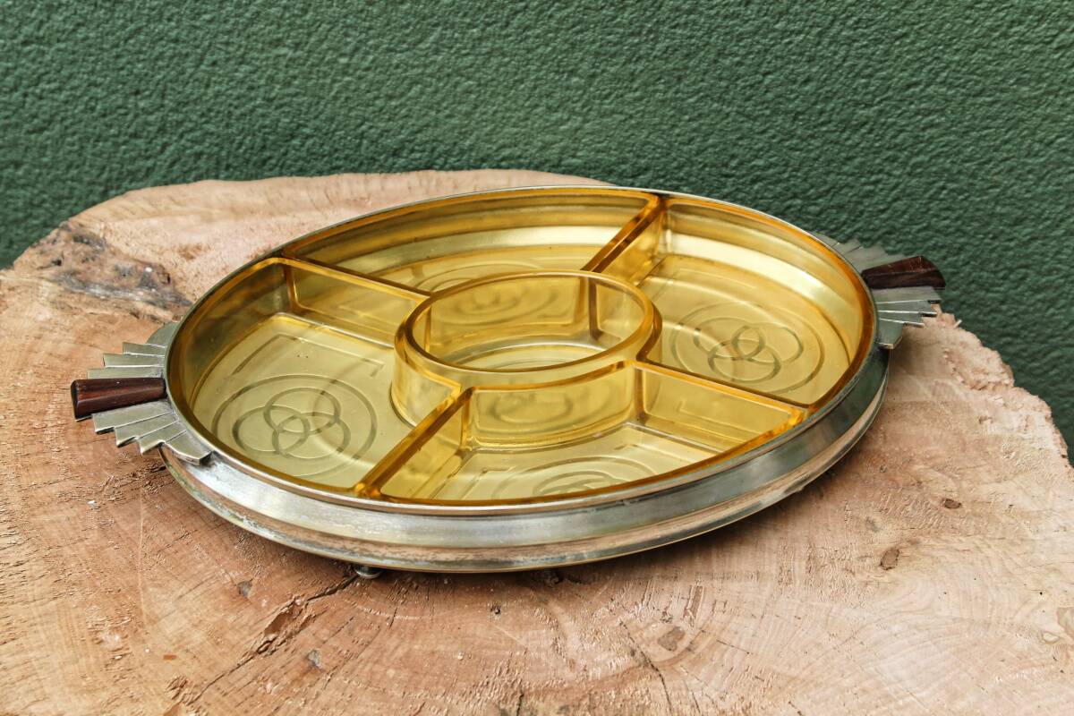 Art deco hors d'oeuvres server, silver metal, mahogany, glass