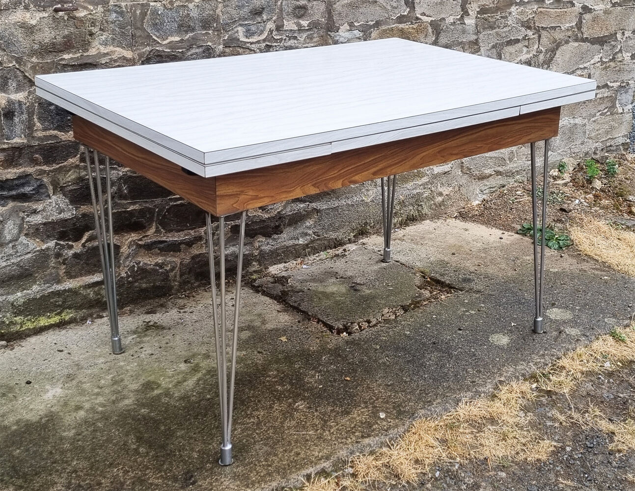 Set table chairs formica bicolor white and wood, feet eiffel, SIF, 70s, its 4 chairs