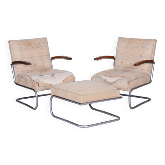 Original Bauhaus Pair Od Armchairs and Stool, Chrome, Beech, Czechia, 1920s