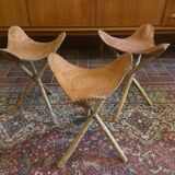 Vintage Mexican tripod stools in bamboo and leather.