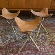 Tabourets tripodes mexicain vintage en bambou et cuir