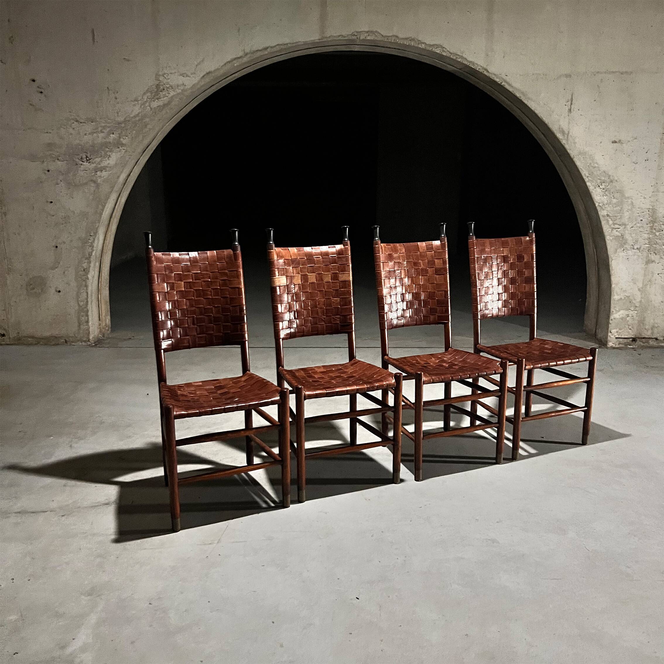 Set of 4 Pine and Leather Dining Chairs, 1970s