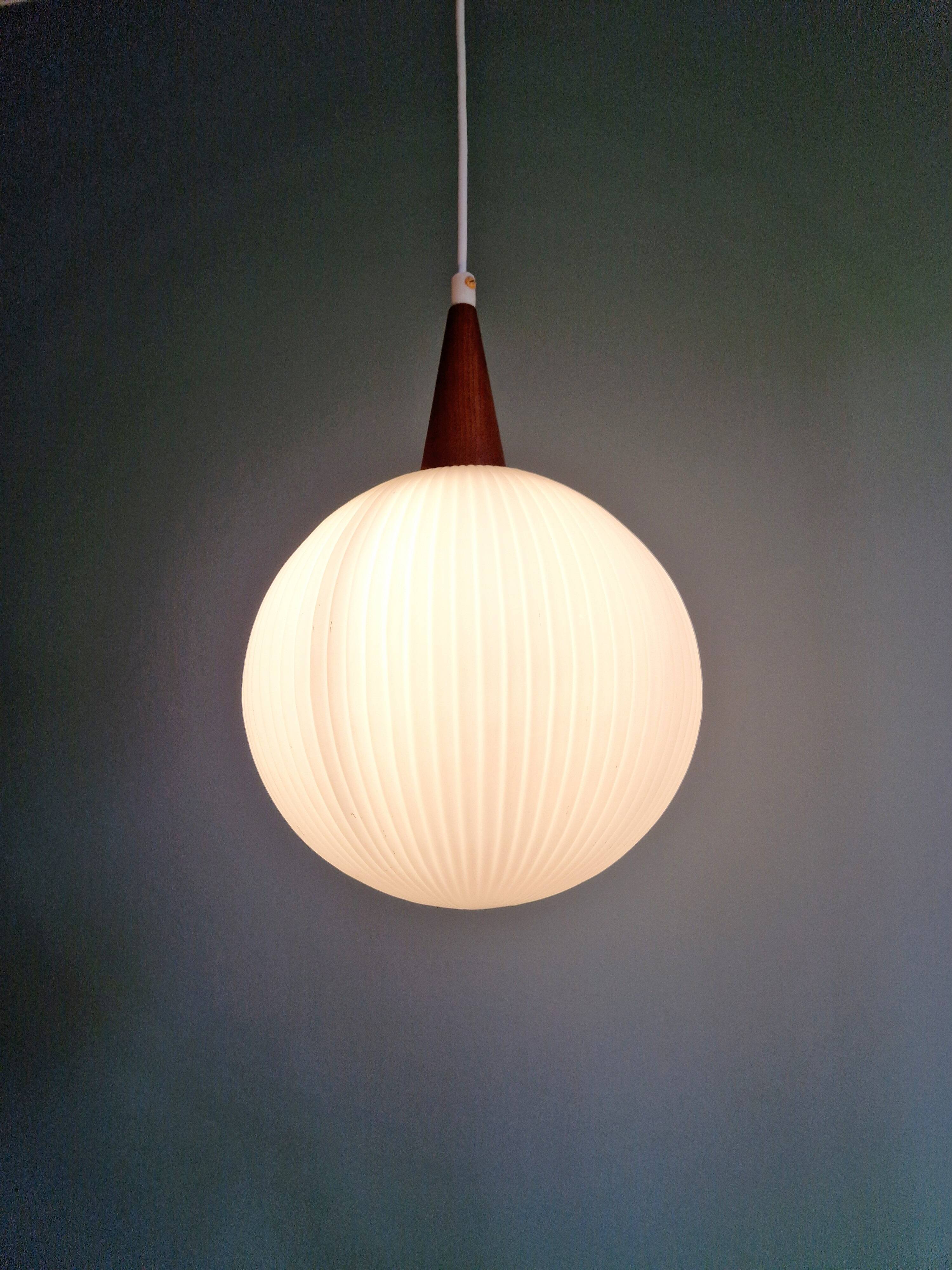 Scandinavian teak and white satin glass pendant light, 1960s